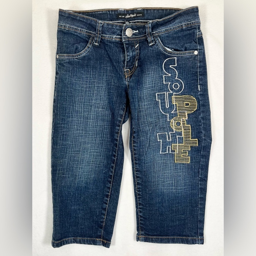 SOUTH POLE Juniors Long Dark Wash Y2K Denim Blue Jean Shorts Logo Front Size 5